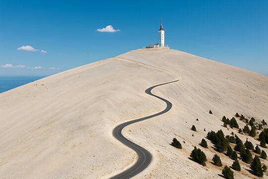Winding road leading up to the summit of Mont Ventoux with a clear blue sky and a stunning view of the mountain landscape