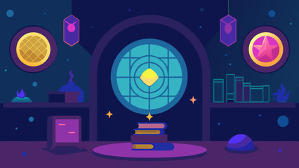 Obraz premium Magical fantasy room interior with glowing lanterns and a circular window