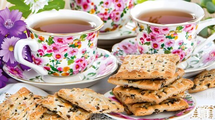 Fototapeta premium Elegant Floral Teacups with Hot Tea and Sweet Cookies - Cozy Afternoon Break