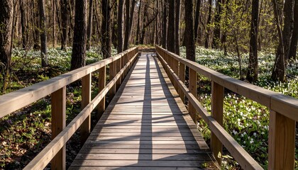 Fototapeta premium Walking on Wooden Path Through Spring Forest with Wildflowers