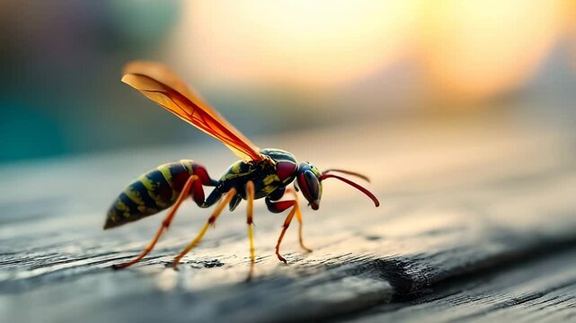 Vibrant wasp with backlit wings on a picnic table