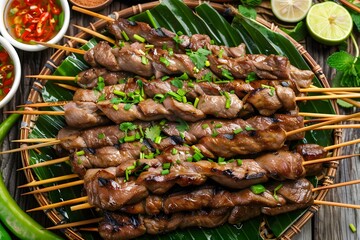 Perfectly Grilled Meat Skewers on Banana Leaf - Delicious Asian Barbecue