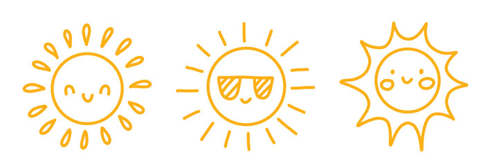 Cute doodle sun icons collection in yellow color. Hand-drawn kawaii sunshine faces with smiles, hearts, and sunglasses. Perfect for kids design, summer decor, prints, and playful branding. Vector art