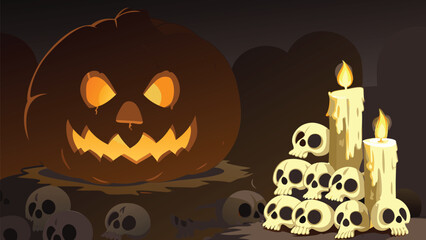 A spooky halloween scene featuring a large pumpkin, skulls, and lit candles in a dark setting for halloween