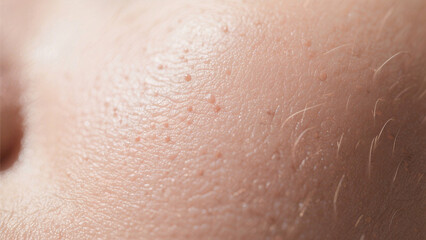 Fototapeta premium Extreme macro of human skin showing pores, hair, and natural texture. Perfect for dermatology, skincare, or anatomical illustration.