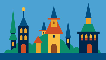 Fototapeta premium A Series of Cartoon Spire Towers are Rising from the Rooftops of Enchanted Homes