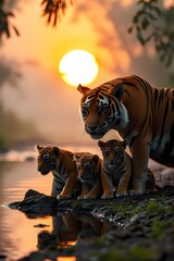 Mother tiger and cubs at sunset by the river