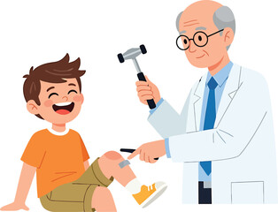 Doctor examining a smiling young boy's knee with a reflex hammer in a medical checkup, showing a positive patient-doctor interaction.