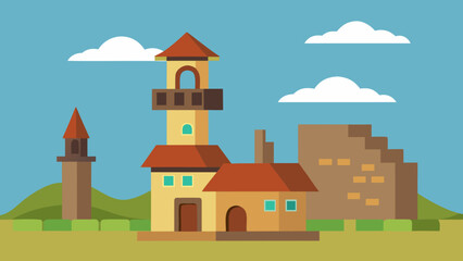 Naklejka premium Old Village Center with Cartoon Bricks and Tower Whimsical Scene