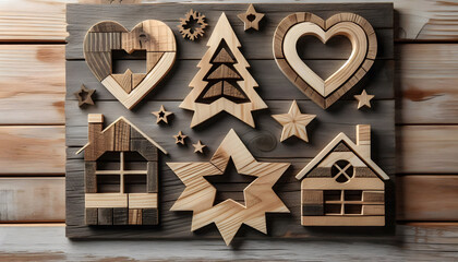 Weihnachtliche, rustikale Holzdekoration mit Herz, Baum, Stern und Haus 