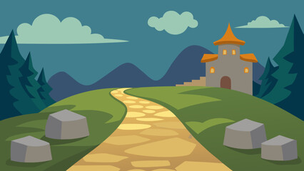 Naklejka premium A Winding Stone Path is Leading Through a Quaint and Whimsical Fantasy Village