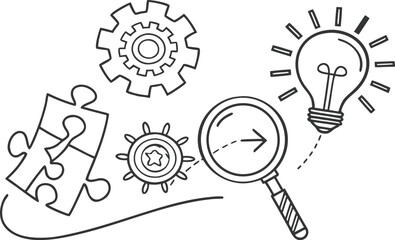 Abstract innovation concept with gears puzzle magnifying glass and lightbulb vector