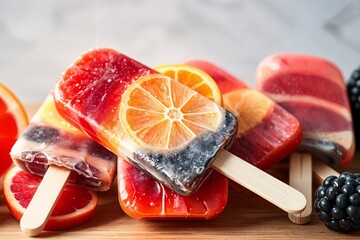 Vibrant frozen fruit popsicles with citrus and berries on a wooden table surface