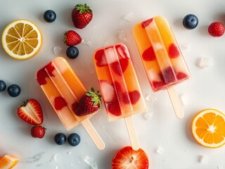 Colorful fruit popsicles arranged with fresh fruits on a light surface