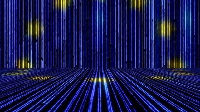 A series of glowing pulse data lines in perspective in the colors of the EU flag - 3D render