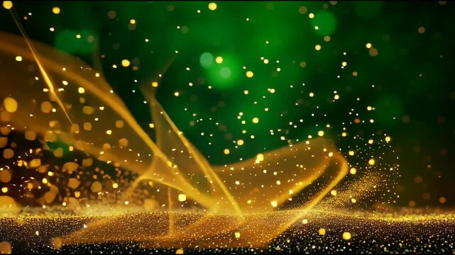 Mesmerizing Display of Golden Particles and Swirling Lights Against Vibrant Green Background Creates Magical and Enchanting Atmosphere with Floating Embers Adding Sense of Wonder