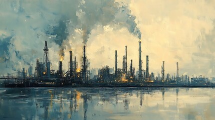A wide panoramic industrial view featuring factories, machinery, and infrastructure under cloudy skies
