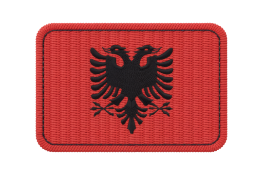 Albania flag patch features a stitched red field with a black double headed eagle, transparent background - Powered by Adobe