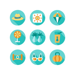 Fototapeta premium Flat Design Summer Icons Collection Featuring Holiday and Vacation Symbols