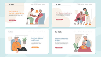 Vector set of four elderly care website landing pages. Concepts include emotional support, health monitoring, digital learning, and safety at home. Senior support services and caregiving design.