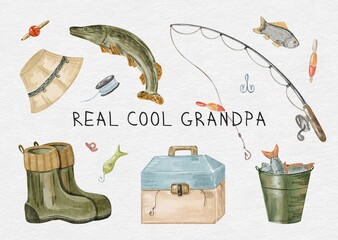 Watercolor Grandpa Fishing Card – Real Cool Grandpa Greeting with Fishing Gear and Catch Illustration, textured background