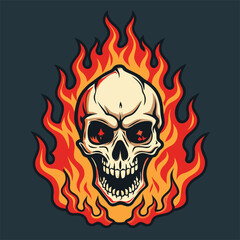 A cartoon skull with fiery red eyes is engulfed in bright orange flames