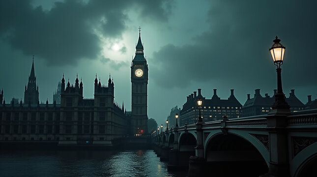 Iconic clock tower and gothic architecture beside a river at dusk london parliament