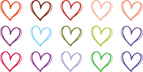 A collection of hand drawn heart shapes in various vibrant colors isolated on transparent background silhouette