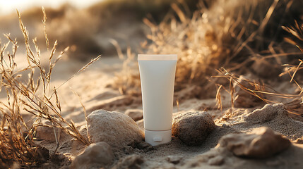 eco cosmetic tube on rugged desert sand with rocks and dry grass, outdoor adventure skincare concept.