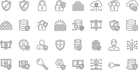 Naklejka premium Vector art of a robust set of cybersecurity icons isolated on white background, including shields, locks, firewalls, and cloud data protection