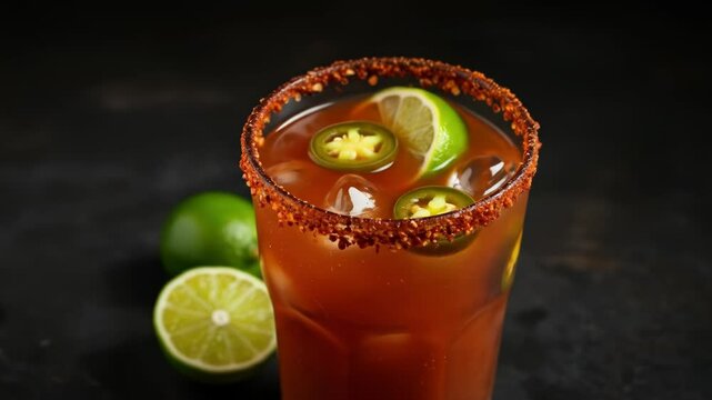 A vibrant cocktail with a spiced rim, lime and jalape?os garnish, and a deep reddish-brown drink, with a lime on the side
