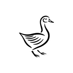 Minimalist vector illustration of a duck in black and white. The simple, clean line art design highlights the duck's form, making it ideal for logos and branding needs.