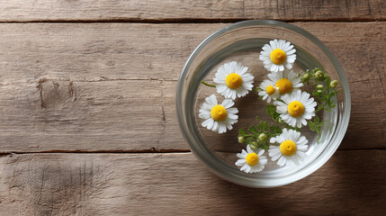 Obraz premium Fresh chamomile flowers float in clear glass bowl filled with water on rustic wooden surface, creating natural and calming scene with white petals and yellow centers