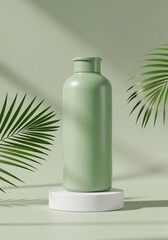 Mockup of a green plastic bottle with a dispenser, for lotion, liquid soap or shampoo. Container for a cosmetic product on a light green background with tropical palm leaves.