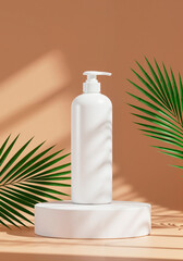 Mockup of white bottle with dispenser for lotion, liquid soap, shampoo. Container for cosmetic product on beige background with tropical palm leaves