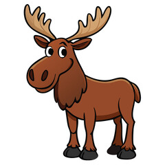 Obraz premium A cartoon moose stands smiling, exhibiting its large antlers against a pure white background