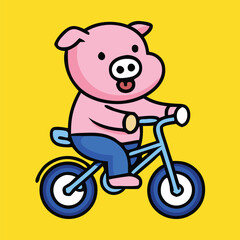 Obraz premium A cheerful pink pig rides a blue bicycle happily against the bright yellow backdrop