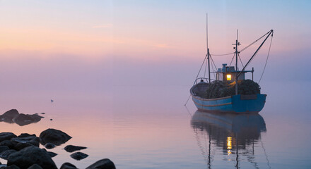 Fishing ship near the shore in the morning fog against colorful sky and rising sun