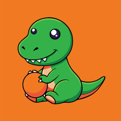Fototapeta premium A cheerful green cartoon dinosaur sits holding an orange ball on an orange background