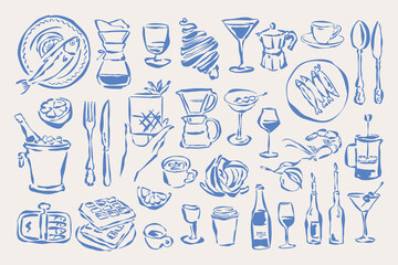 Coastal living hand drawn illustration collection. Food and beverage doodles. Art for postcards, menu, print posters, packaging design.