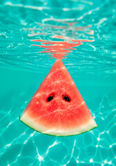 A fresh slice of watermelon floats in crystal clear water with ripples