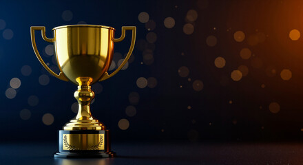 Glowing golden cup on dark background with dramatic lighting and delicate bokeh. Copy space