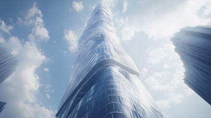 Modern skyscraper against a partly cloudy sky