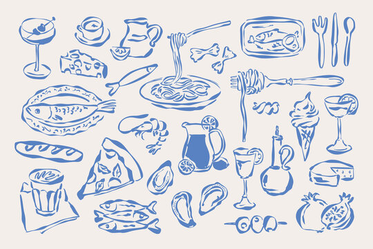Coastal living hand drawn illustration collection. Food and beverage doodles. Art for postcards, menu, print posters, packaging design.