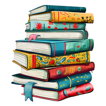 stylized render of a stack of school books with cartoon covers, visible bookmarks, and doodle patterns, neatly arranged on clean white background