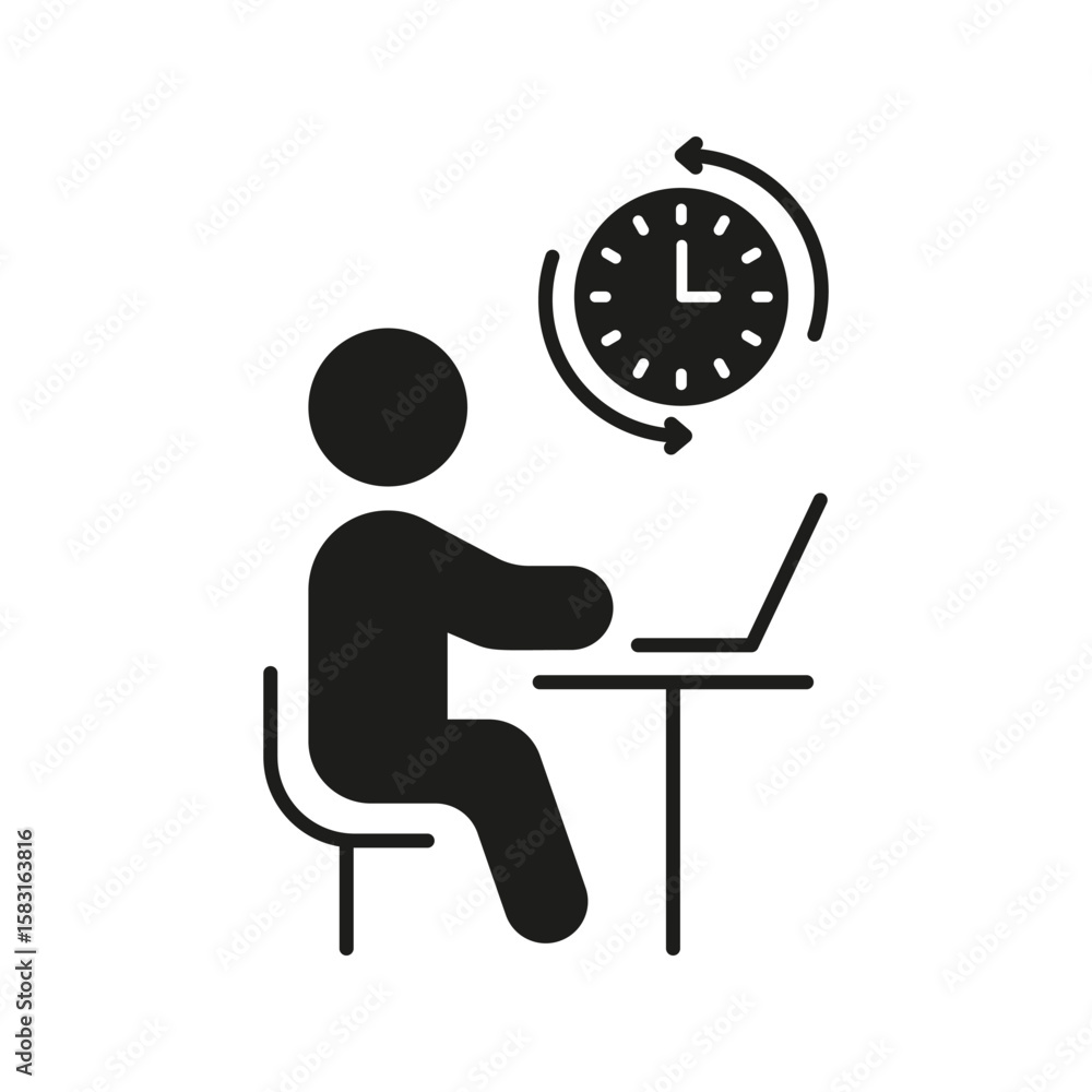Poster person working on laptop with clock solid icon. time management, productivity, and remote work silho