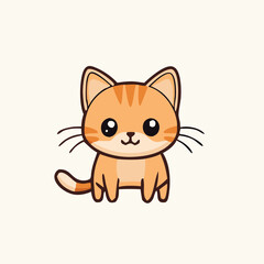 A cute cartoon orange tabby kitten stands against a cream colored background with stripes