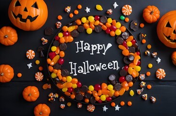 Flat lay of Halloween candy circle with Happy Halloween 2025 text