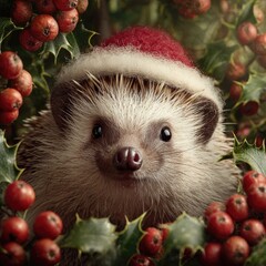 Hedgehog wearing a tiny Santa hat, surrounded by holly berries, photorealistic close-up