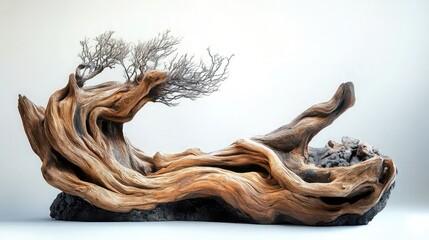 Twisted driftwood root system with gnarled shape wood texture and organic complexity ideal for sculpture or natural forms